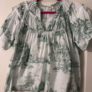 Umgee Green and White Toile Blouse